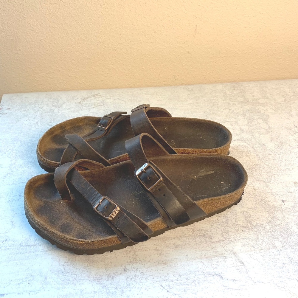 Birkenstock Mayari Sandals Womens 37 240 Brown Leather Toe Loop Buckle Slides - Picture 2 of 11